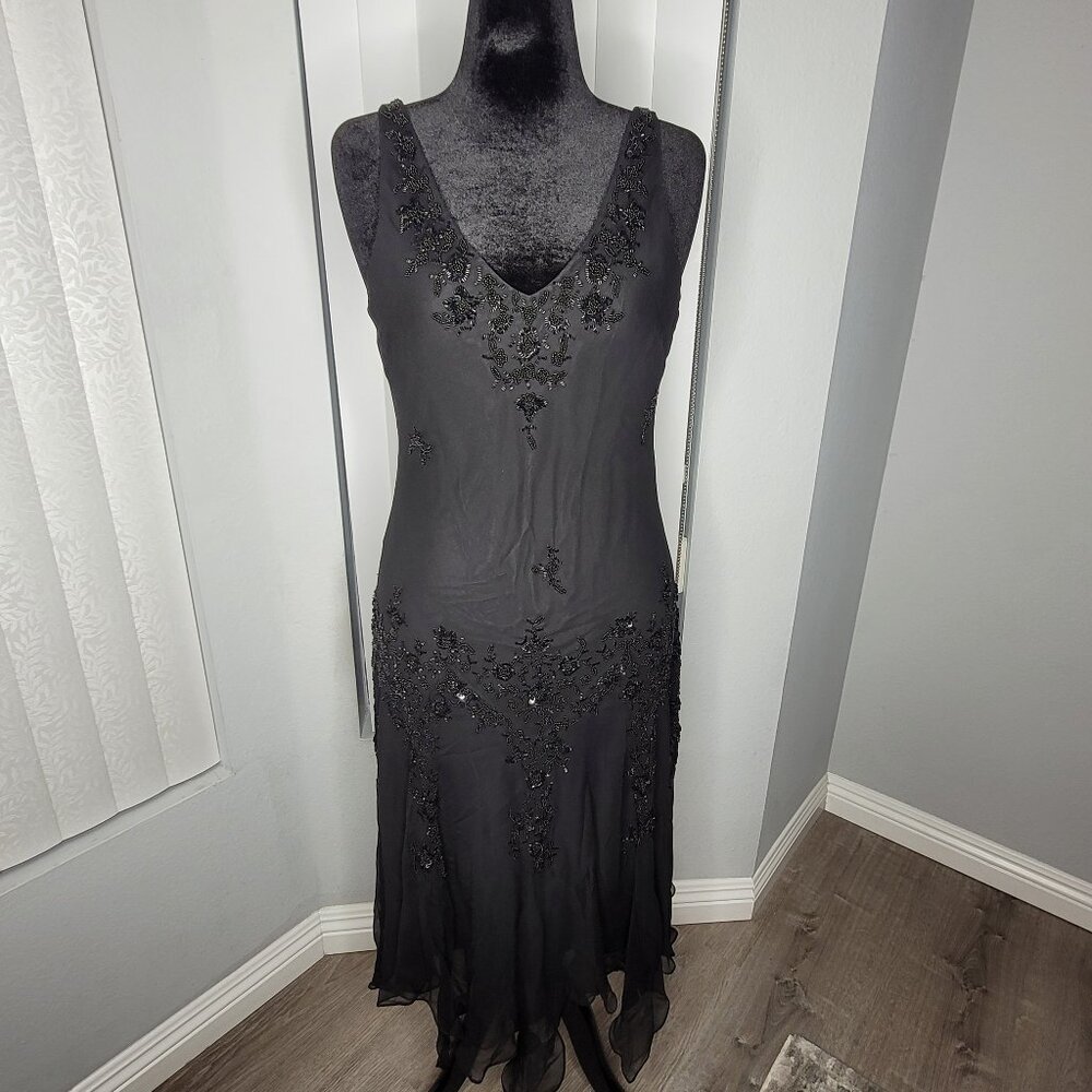 Scala Black Silk Beaded Evening Dress with Sheer Jacket – Size 16